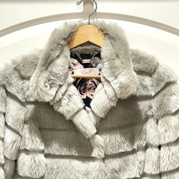 Eliza J Faux Fur Coat Jacket Petite Small Gray Silver Floral Lining - Picture 5 of 11